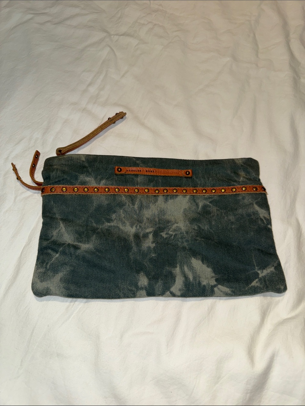 Anthropologie Schuler & Sons Bleached Denim & Leather Studded Clutch EUC
